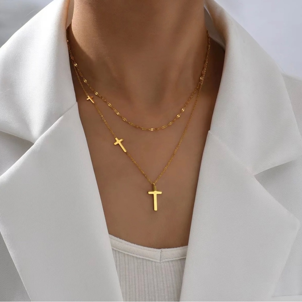 Double layer cross necklace 18 K gold plated stainless steel